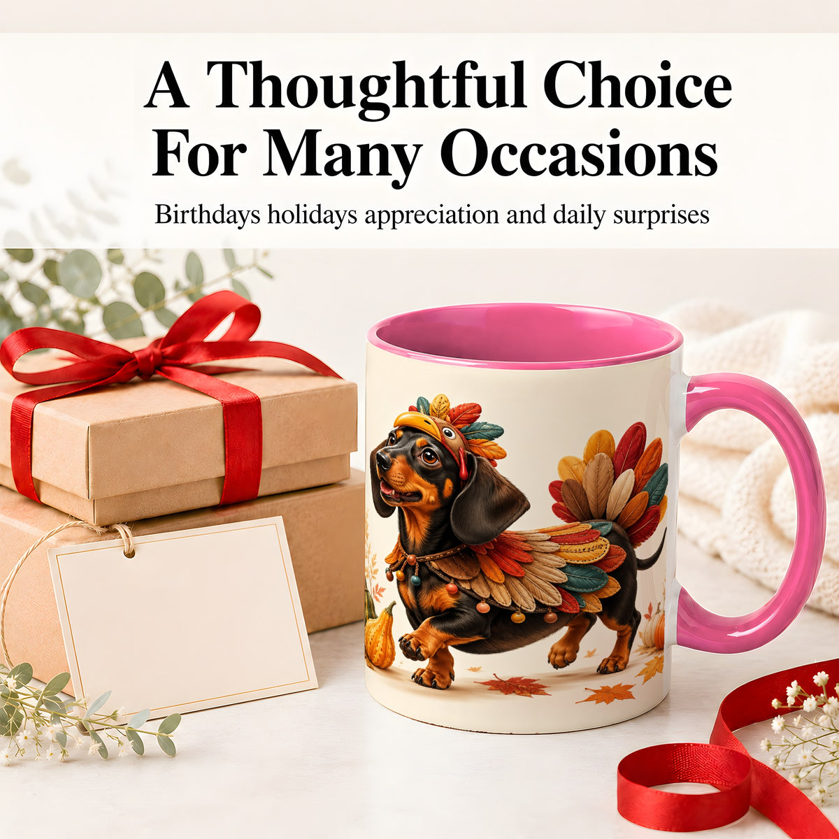 #pl[11oz|Pink] Thanksgiving Dachshund Accent Mug, Mug with Turkey Costume Art