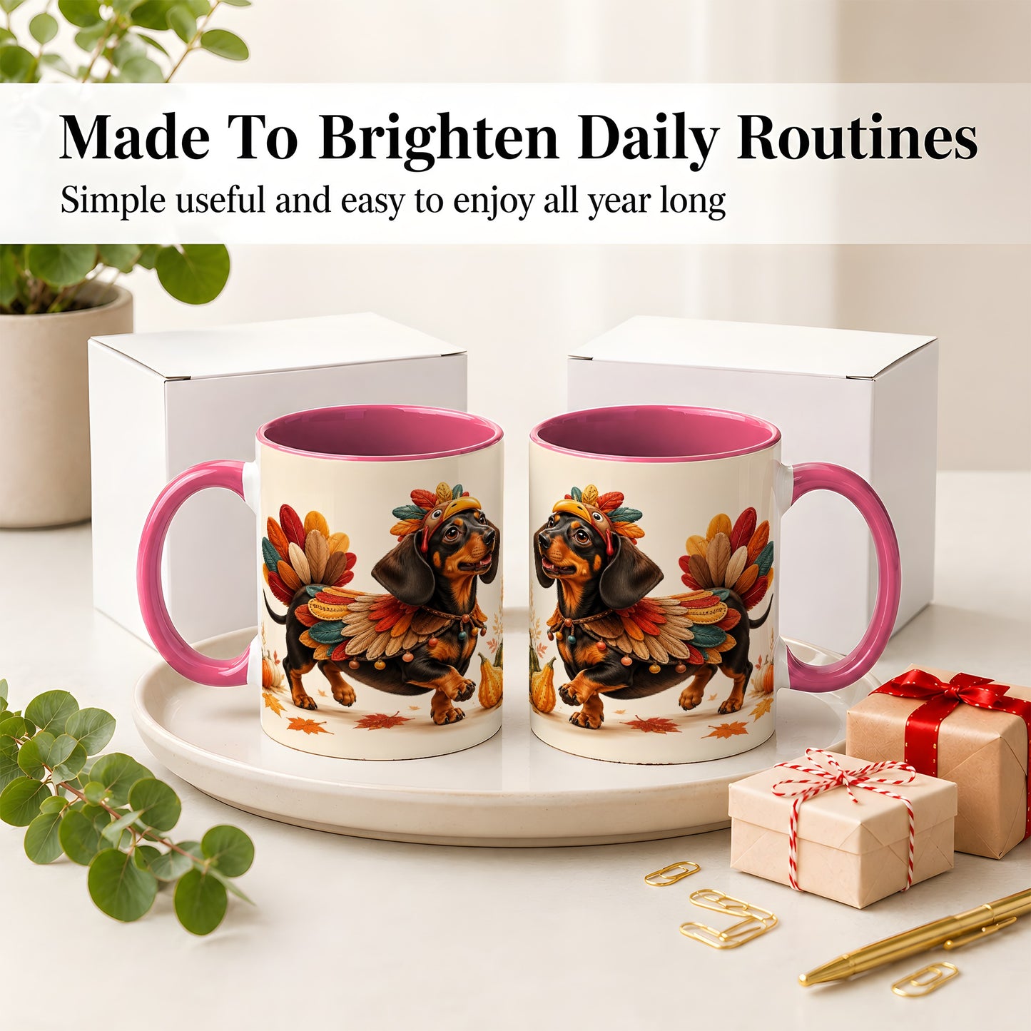 #pl[11oz|Pink] Thanksgiving Dachshund Accent Mug, Mug with Turkey Costume Art