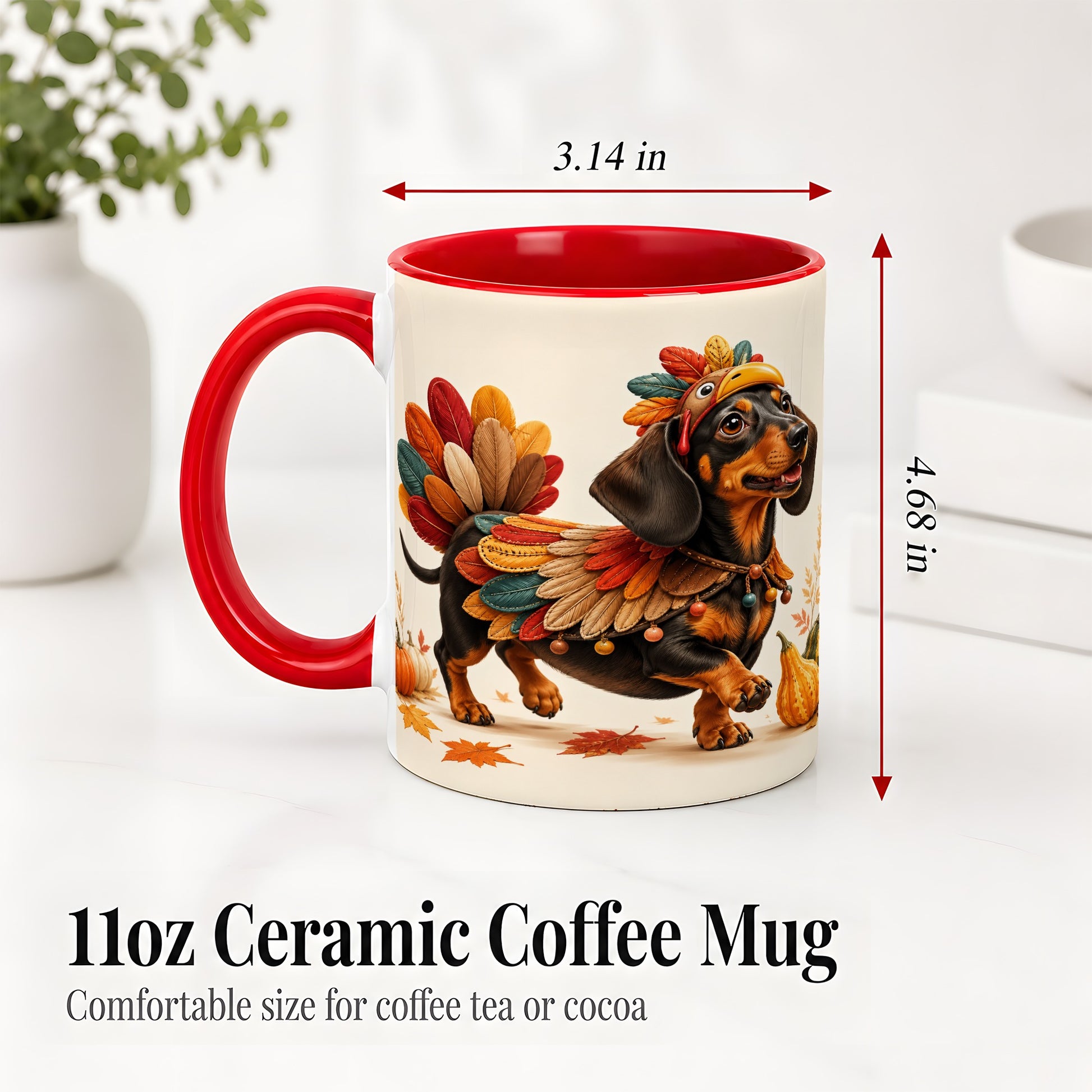 #pl[11oz|Red] Thanksgiving Dachshund Accent Mug, Mug with Turkey Costume Art