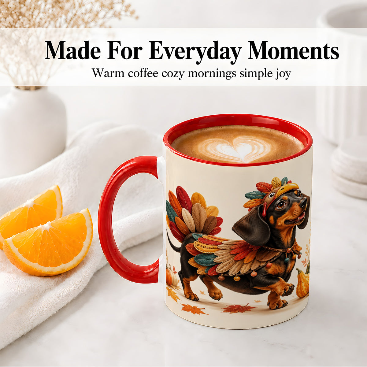 #pl[11oz|Red] Thanksgiving Dachshund Accent Mug, Mug with Turkey Costume Art