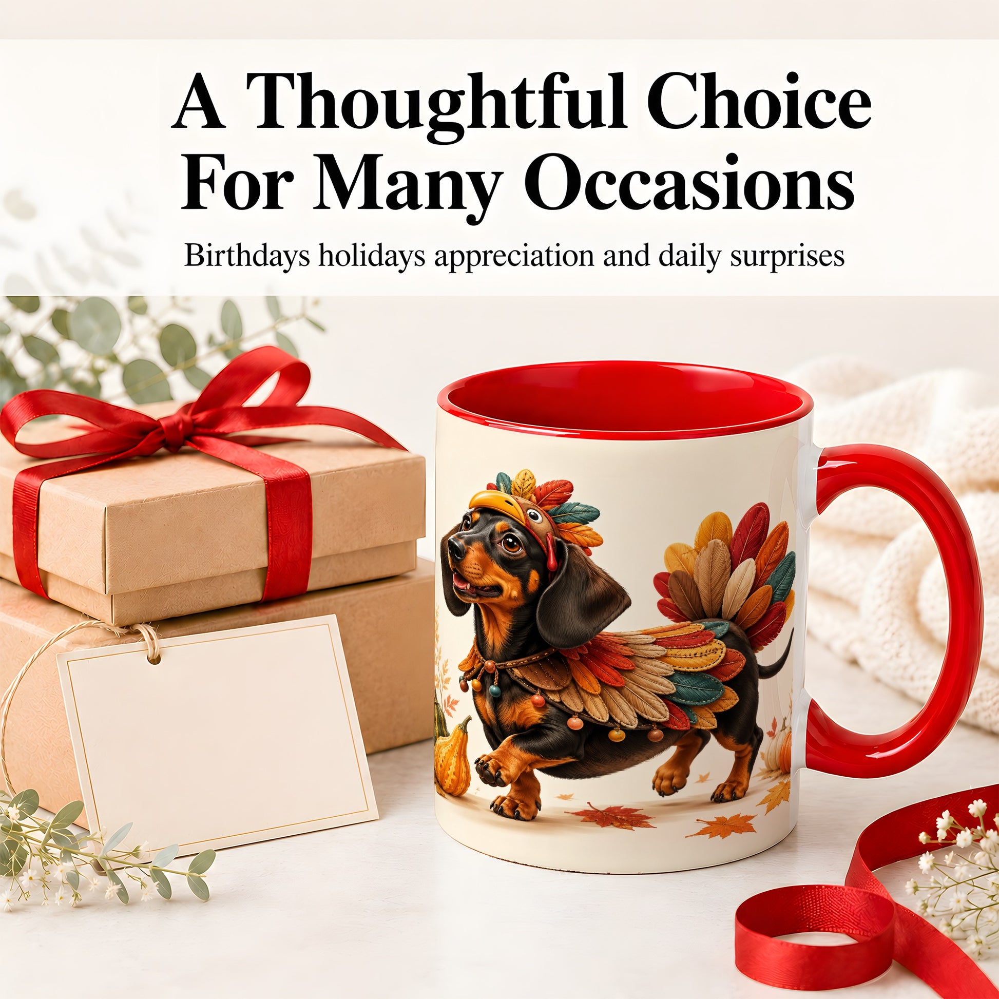 #pl[11oz|Red] Thanksgiving Dachshund Accent Mug, Mug with Turkey Costume Art