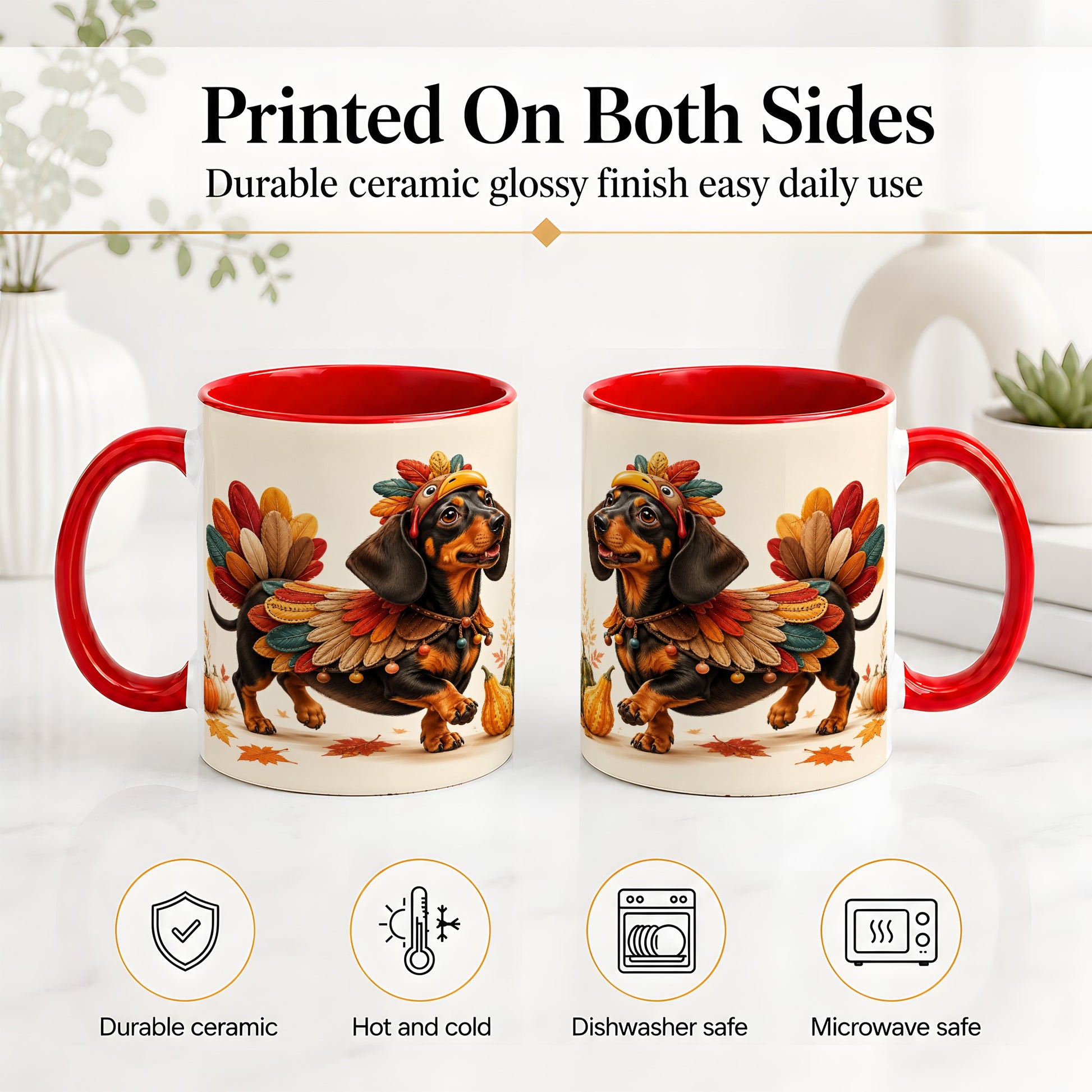 #pl[11oz|Red] Thanksgiving Dachshund Accent Mug, Mug with Turkey Costume Art