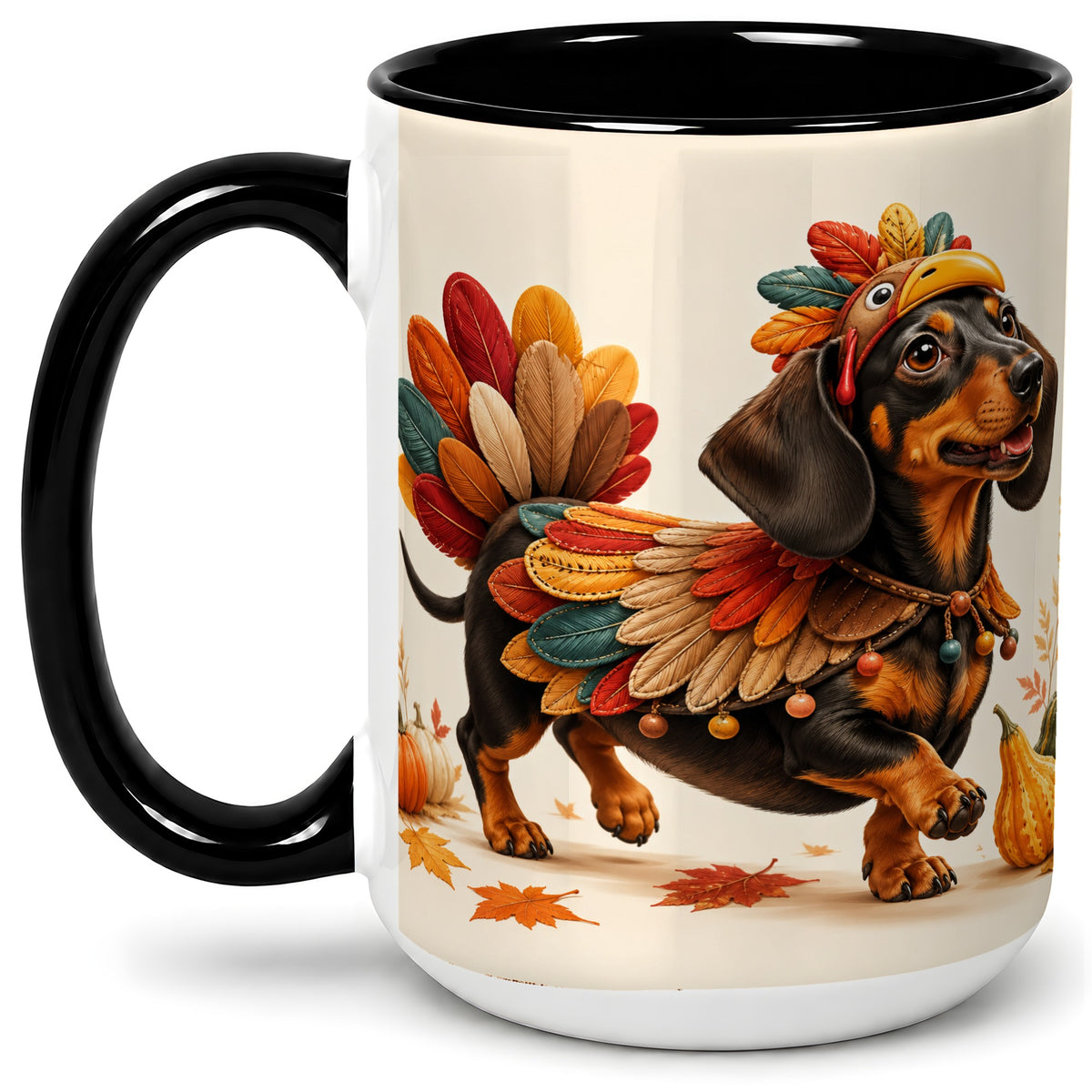 #pl[15oz|Black] Thanksgiving Dachshund Accent Mug, Mug with Turkey Costume Art