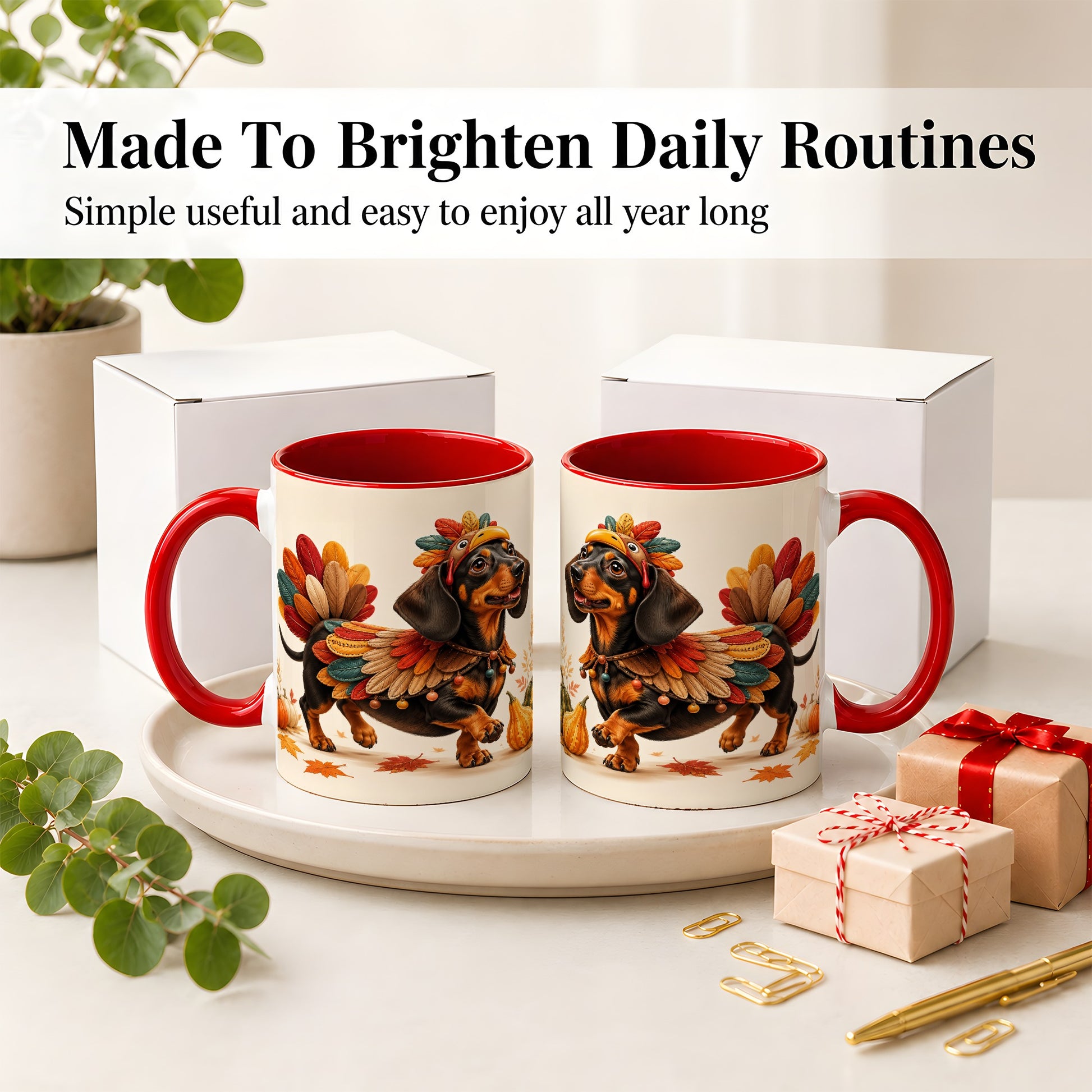 #pl[11oz|Red] Thanksgiving Dachshund Accent Mug, Mug with Turkey Costume Art