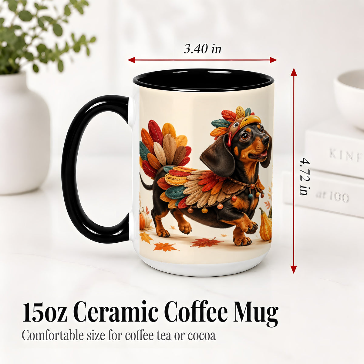 #pl[15oz|Black] Thanksgiving Dachshund Accent Mug, Mug with Turkey Costume Art