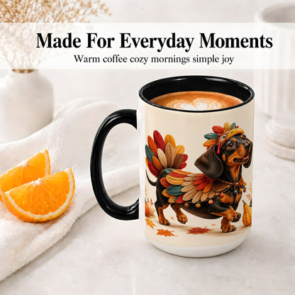 #pl[15oz|Black] Thanksgiving Dachshund Accent Mug, Mug with Turkey Costume Art