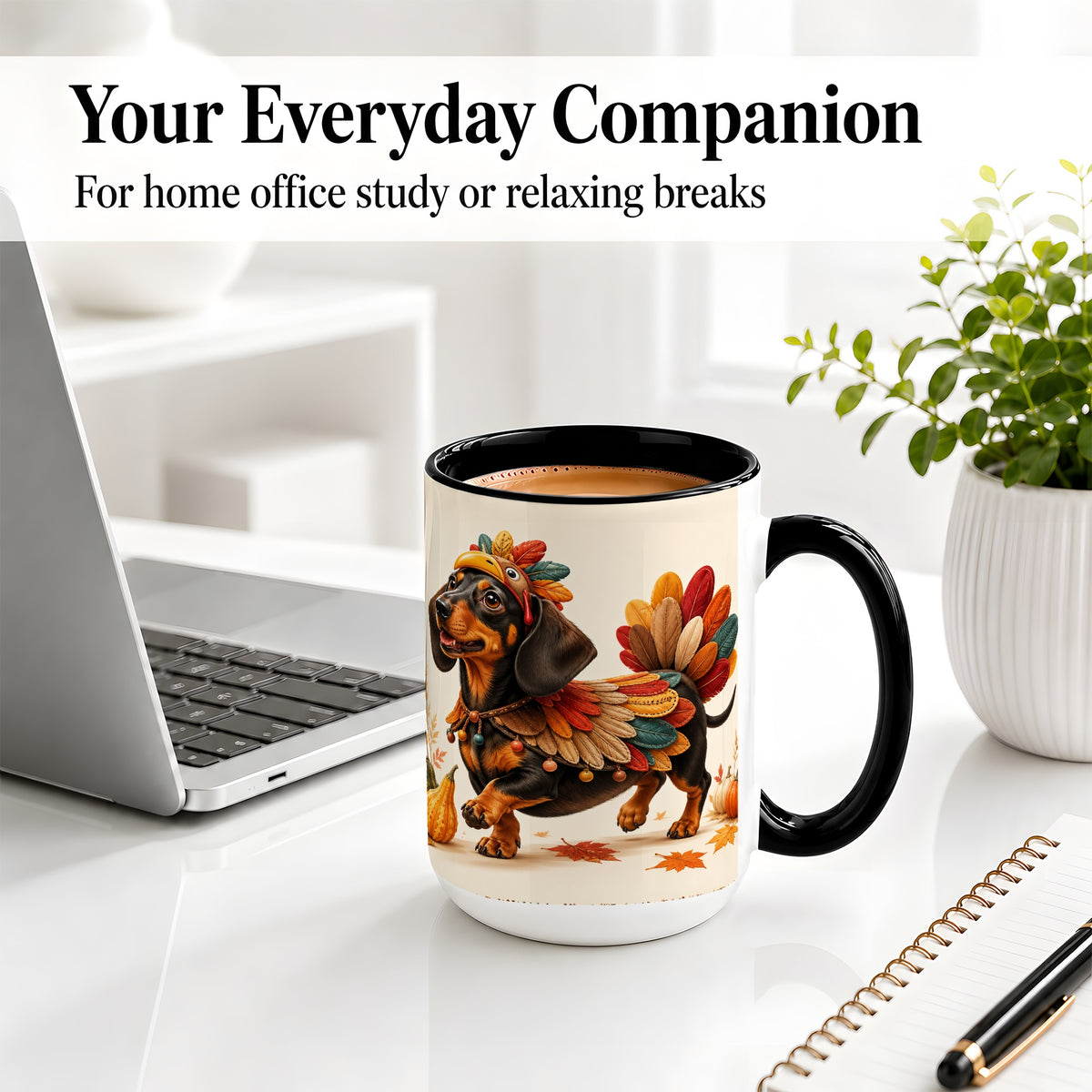 #pl[15oz|Black] Thanksgiving Dachshund Accent Mug, Mug with Turkey Costume Art