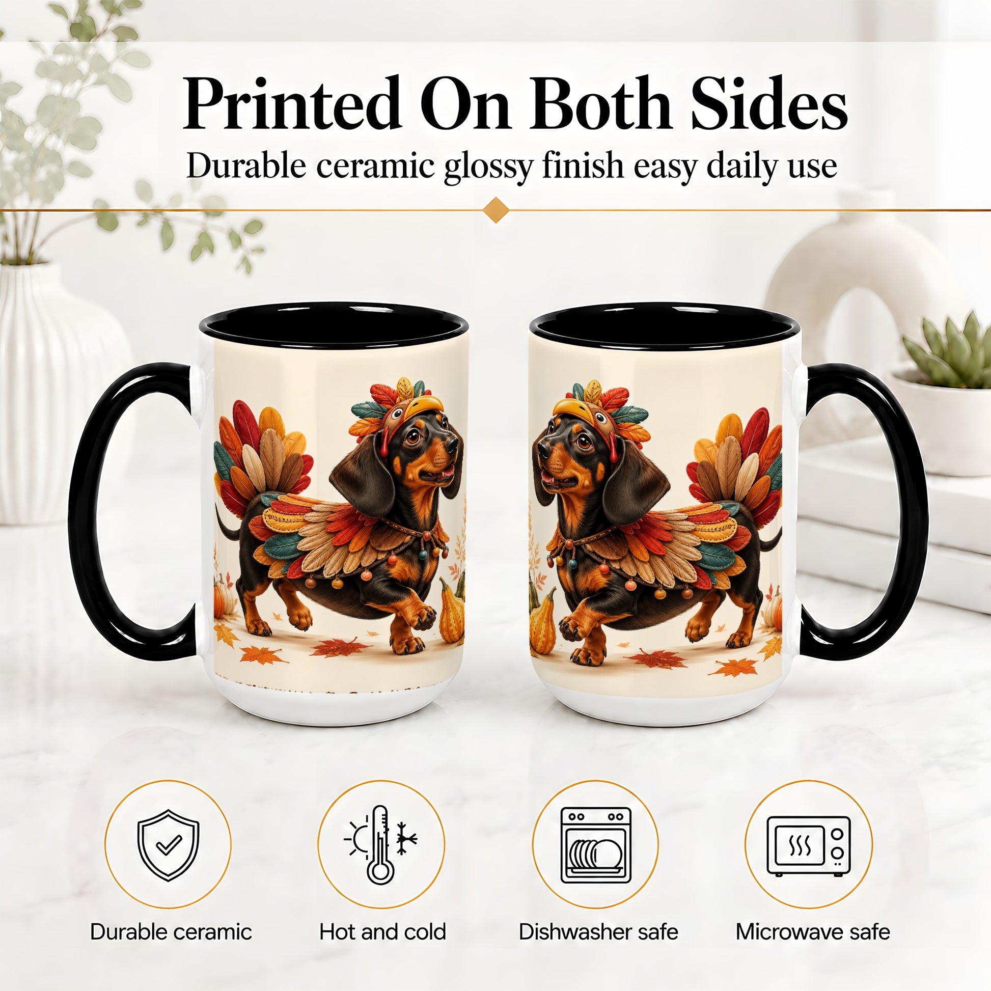 #pl[15oz|Black] Thanksgiving Dachshund Accent Mug, Mug with Turkey Costume Art