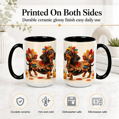 #pl[15oz|Black] Thanksgiving Dachshund Accent Mug, Mug with Turkey Costume Art