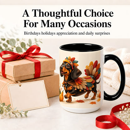 #pl[15oz|Black] Thanksgiving Dachshund Accent Mug, Mug with Turkey Costume Art