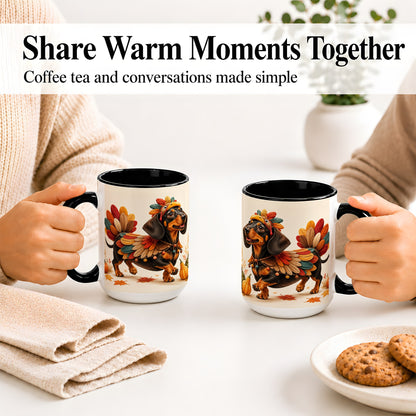 #pl[15oz|Black] Thanksgiving Dachshund Accent Mug, Mug with Turkey Costume Art