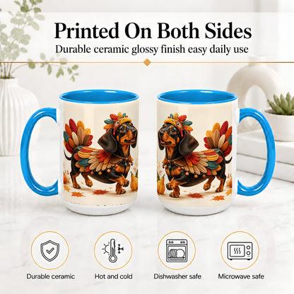 #pl[15oz|Blue] Thanksgiving Dachshund Accent Mug, Mug with Turkey Costume Art