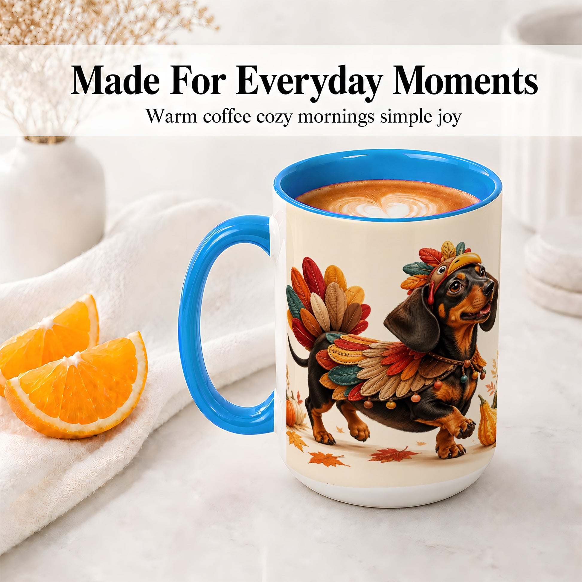 #pl[15oz|Blue] Thanksgiving Dachshund Accent Mug, Mug with Turkey Costume Art