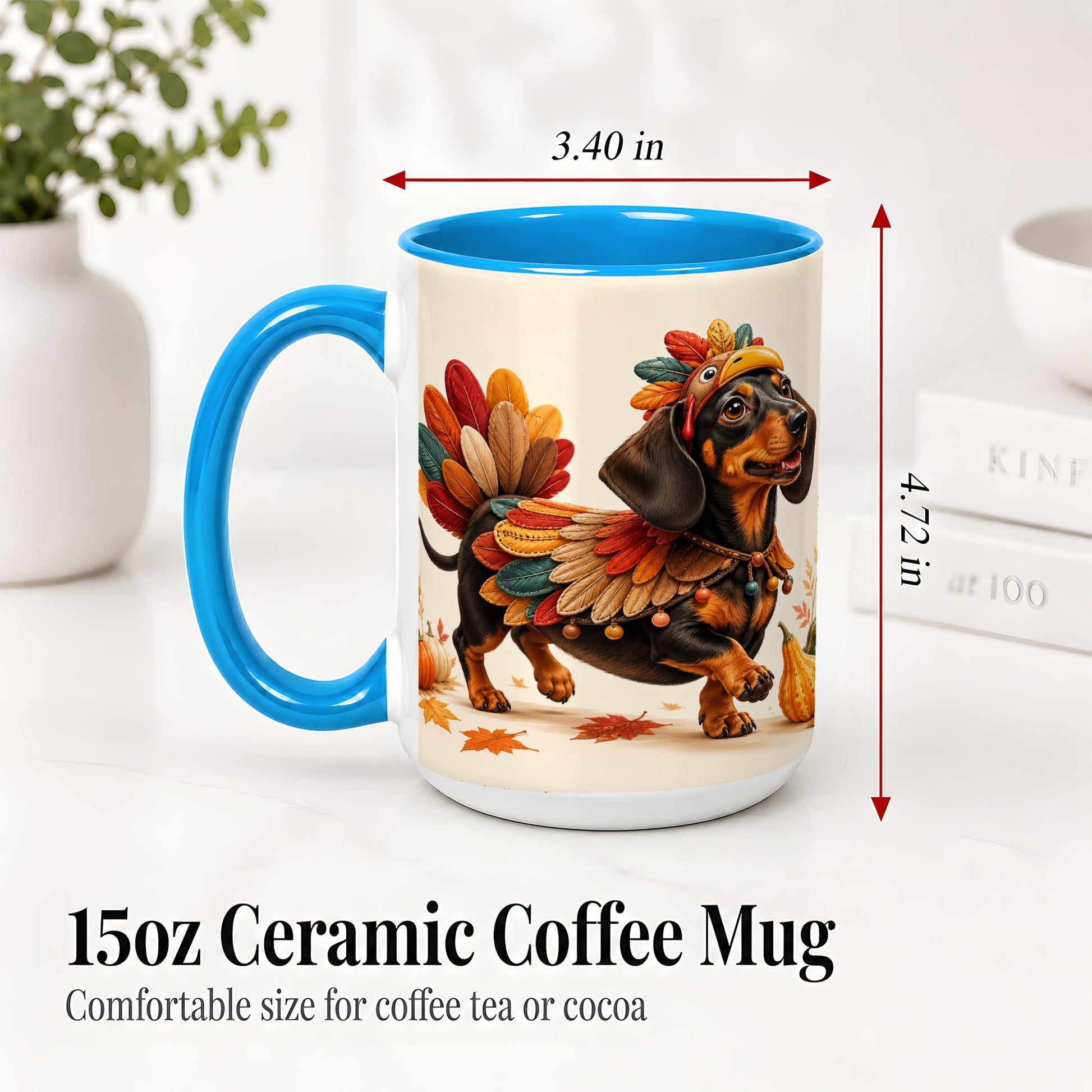 #pl[15oz|Blue] Thanksgiving Dachshund Accent Mug, Mug with Turkey Costume Art