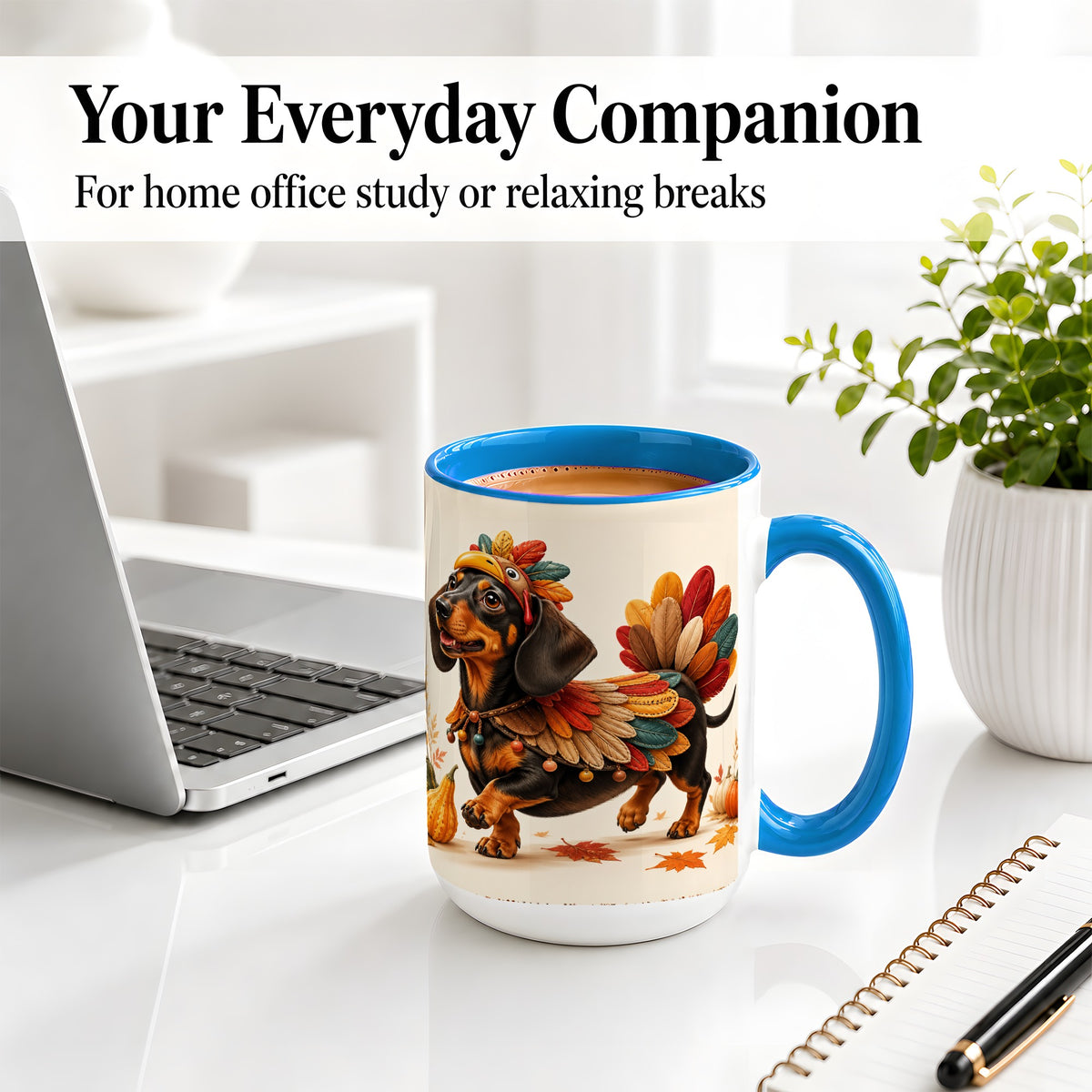 #pl[15oz|Blue] Thanksgiving Dachshund Accent Mug, Mug with Turkey Costume Art