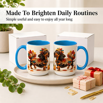 #pl[15oz|Blue] Thanksgiving Dachshund Accent Mug, Mug with Turkey Costume Art