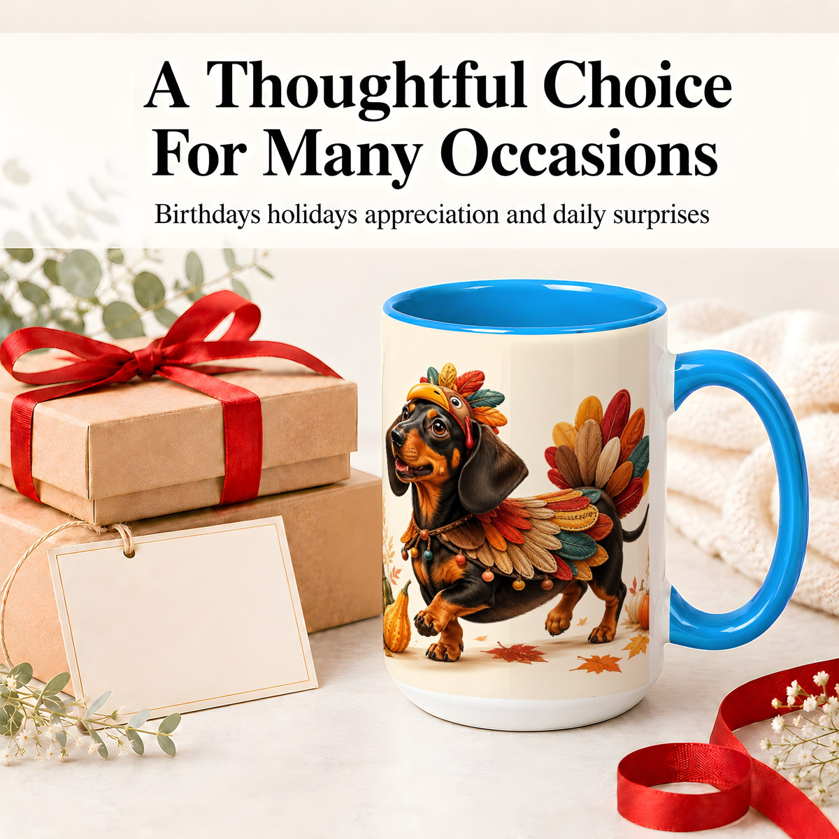 #pl[15oz|Blue] Thanksgiving Dachshund Accent Mug, Mug with Turkey Costume Art