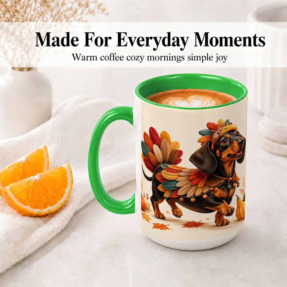 #pl[15oz|Green] Thanksgiving Dachshund Accent Mug, Mug with Turkey Costume Art