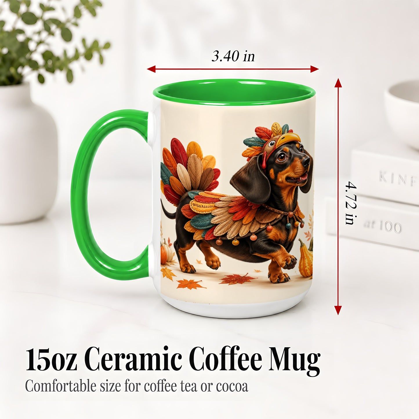 #pl[15oz|Green] Thanksgiving Dachshund Accent Mug, Mug with Turkey Costume Art
