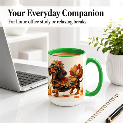 #pl[15oz|Green] Thanksgiving Dachshund Accent Mug, Mug with Turkey Costume Art