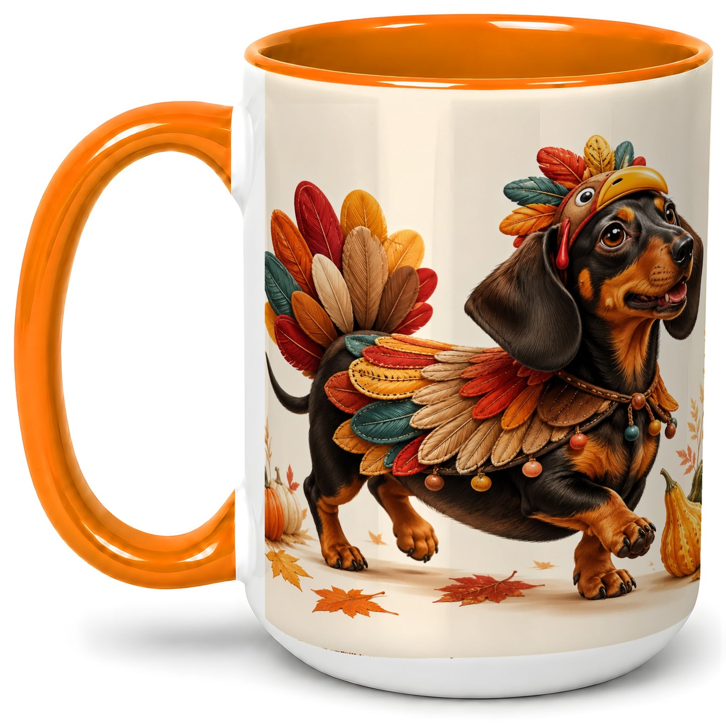 #pl[15oz|Orange] Thanksgiving Dachshund Accent Mug, Mug with Turkey Costume Art