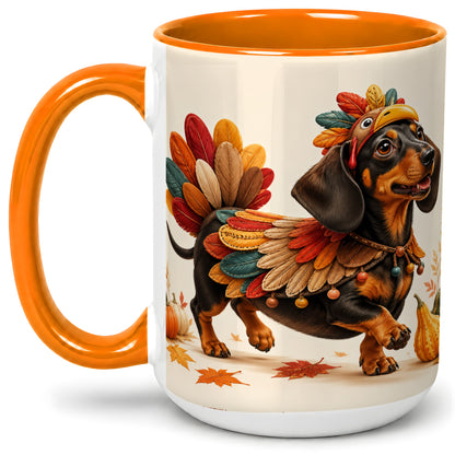 #pl[15oz|Orange] Thanksgiving Dachshund Accent Mug, Mug with Turkey Costume Art