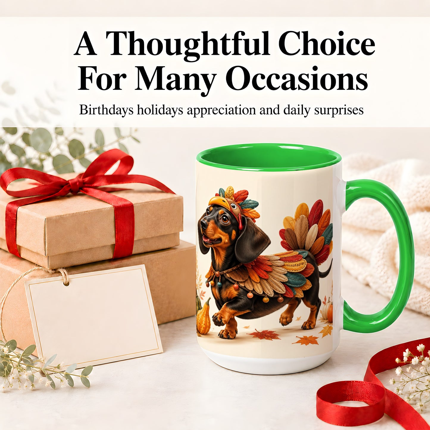 #pl[15oz|Green] Thanksgiving Dachshund Accent Mug, Mug with Turkey Costume Art