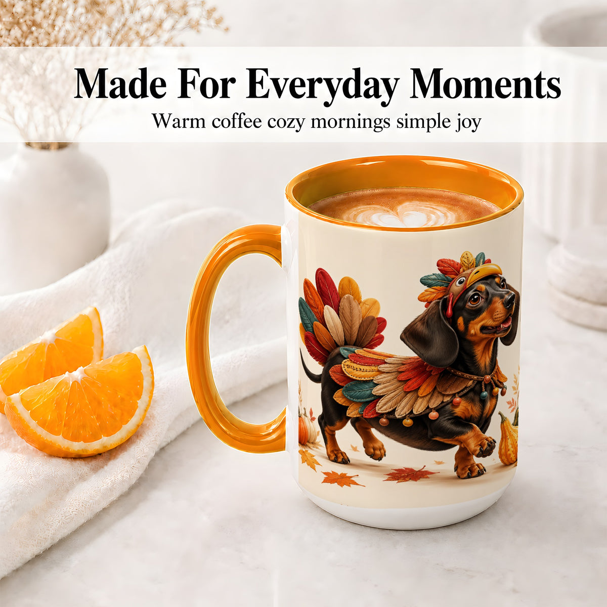 #pl[15oz|Orange] Thanksgiving Dachshund Accent Mug, Mug with Turkey Costume Art