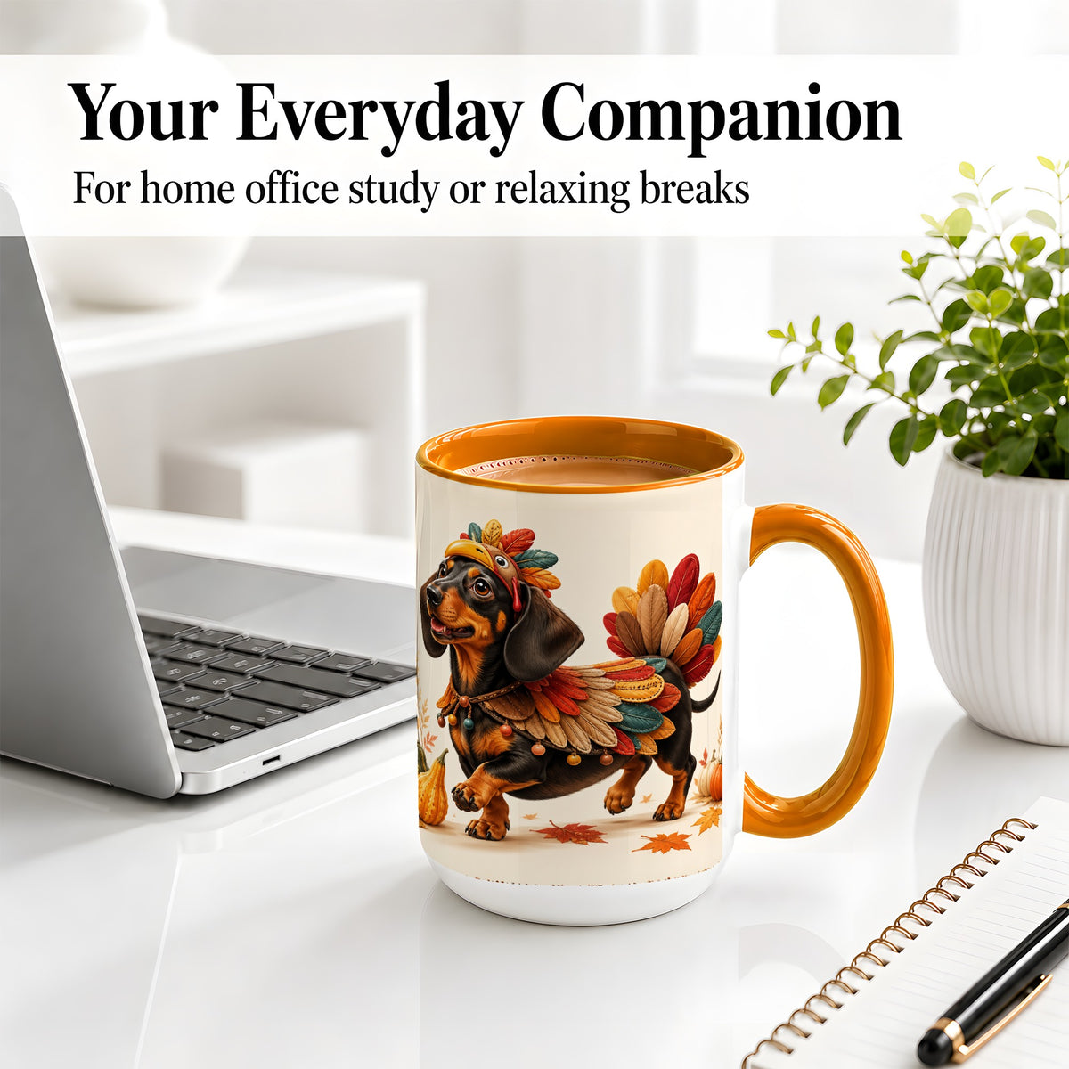#pl[15oz|Orange] Thanksgiving Dachshund Accent Mug, Mug with Turkey Costume Art
