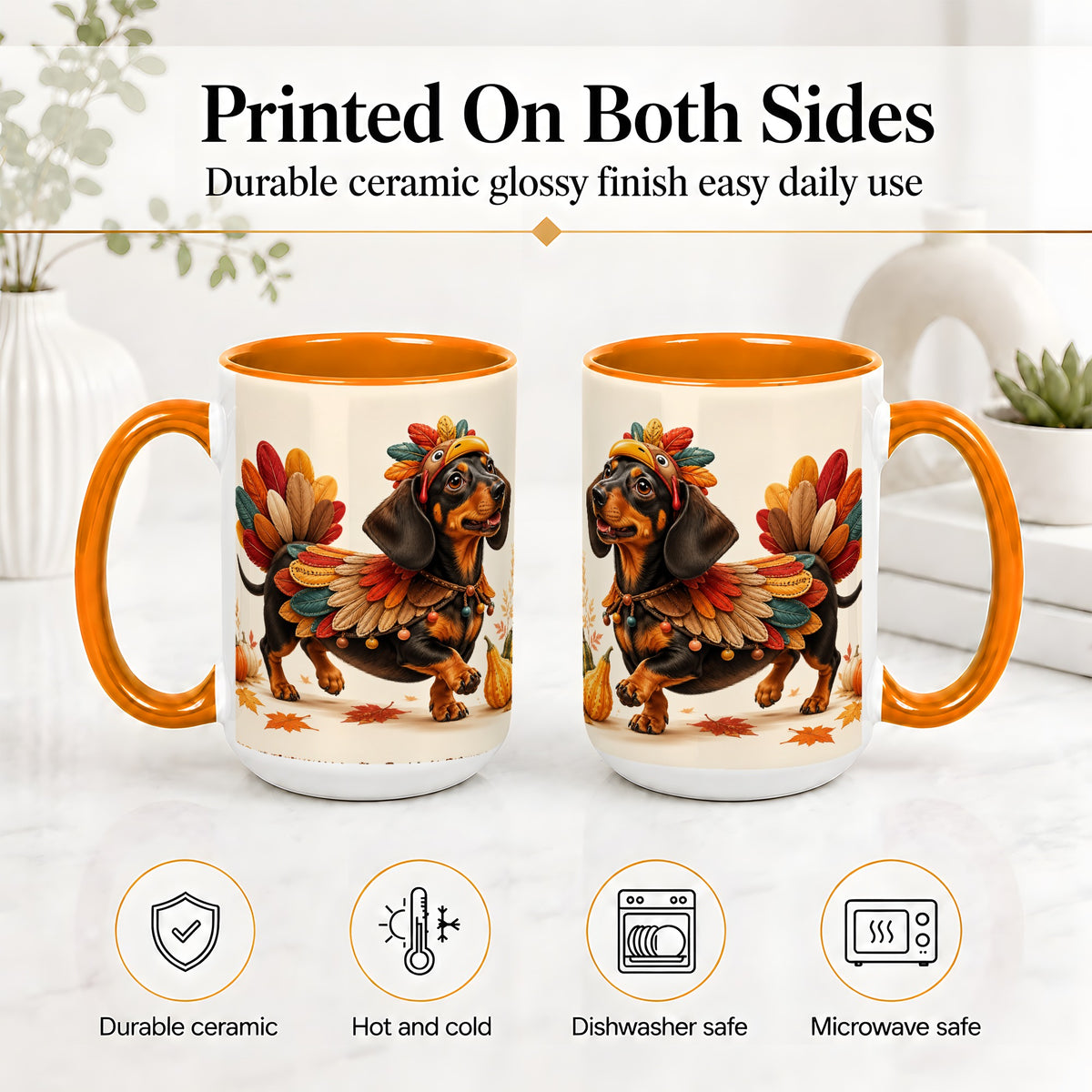 #pl[15oz|Orange] Thanksgiving Dachshund Accent Mug, Mug with Turkey Costume Art