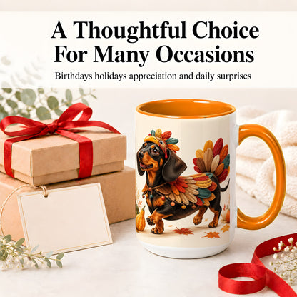 #pl[15oz|Orange] Thanksgiving Dachshund Accent Mug, Mug with Turkey Costume Art