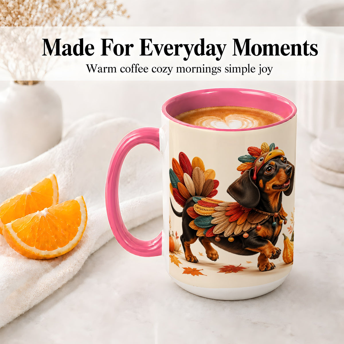 #pl[15oz|Pink] Thanksgiving Dachshund Accent Mug, Mug with Turkey Costume Art