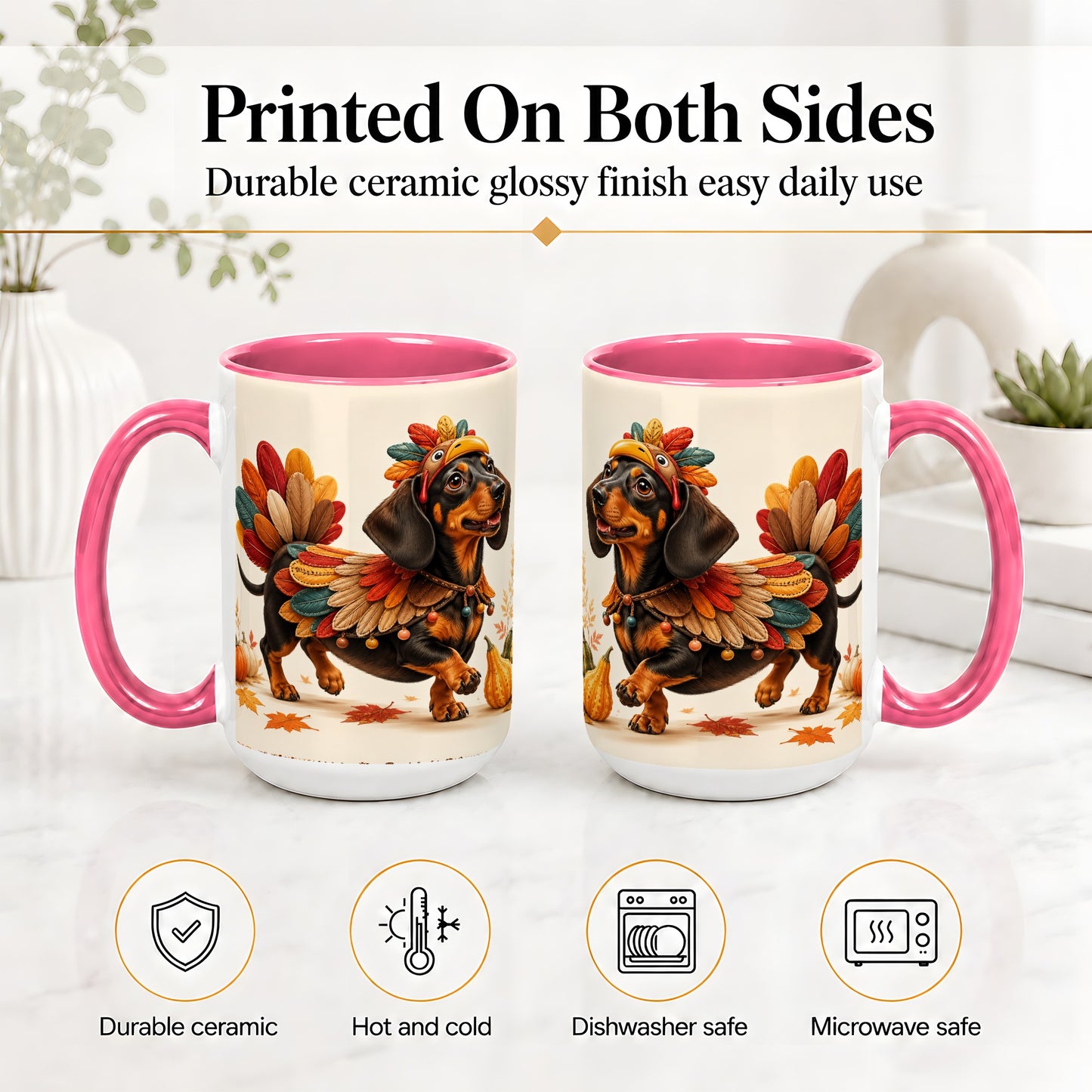#pl[15oz|Pink] Thanksgiving Dachshund Accent Mug, Mug with Turkey Costume Art