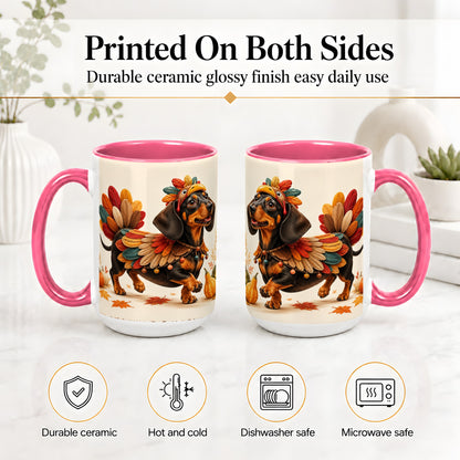 #pl[15oz|Pink] Thanksgiving Dachshund Accent Mug, Mug with Turkey Costume Art