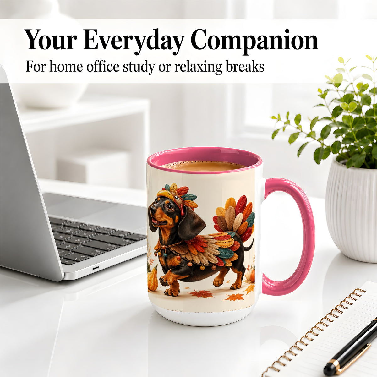 #pl[15oz|Pink] Thanksgiving Dachshund Accent Mug, Mug with Turkey Costume Art