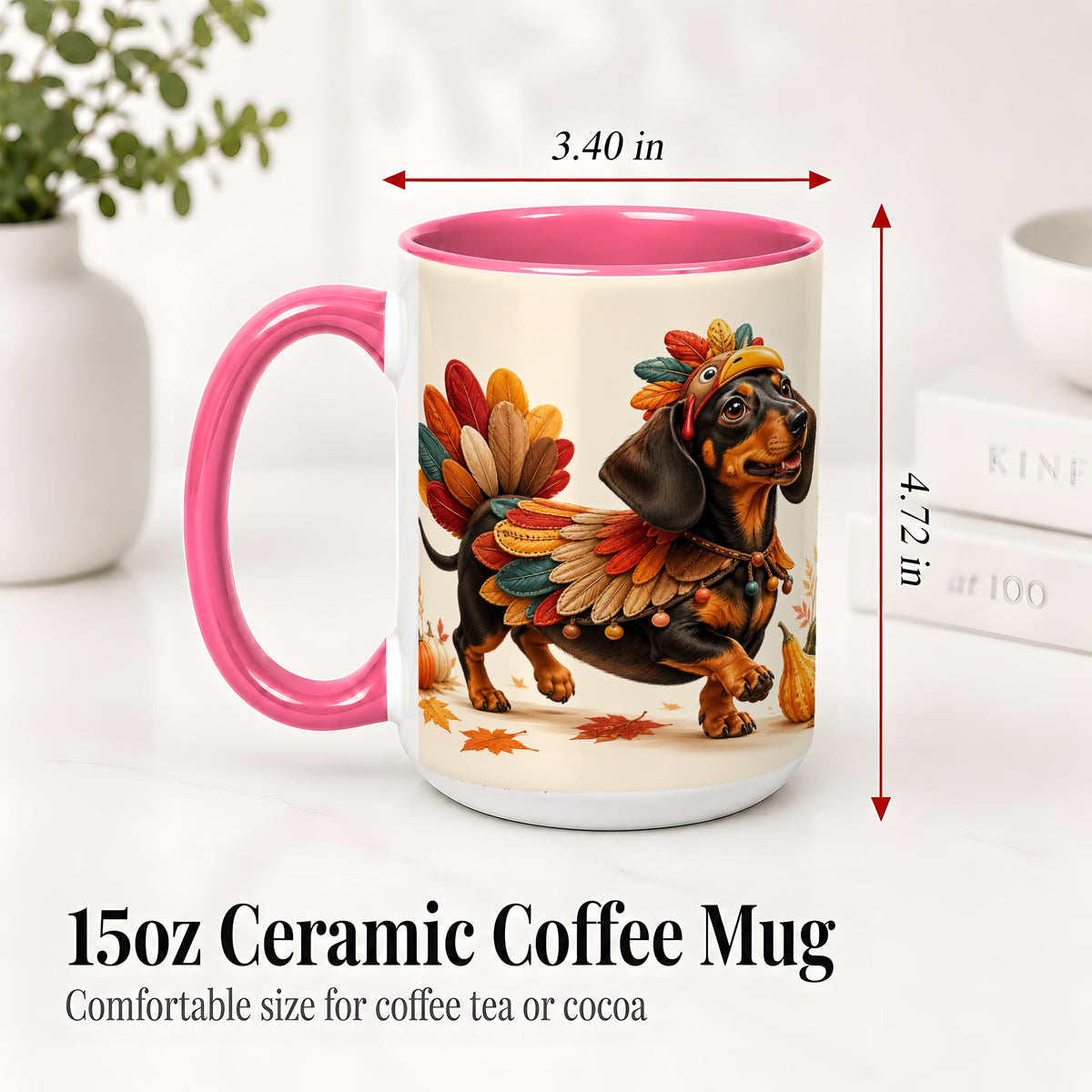 #pl[15oz|Pink] Thanksgiving Dachshund Accent Mug, Mug with Turkey Costume Art