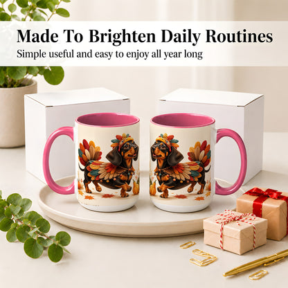 #pl[15oz|Pink] Thanksgiving Dachshund Accent Mug, Mug with Turkey Costume Art