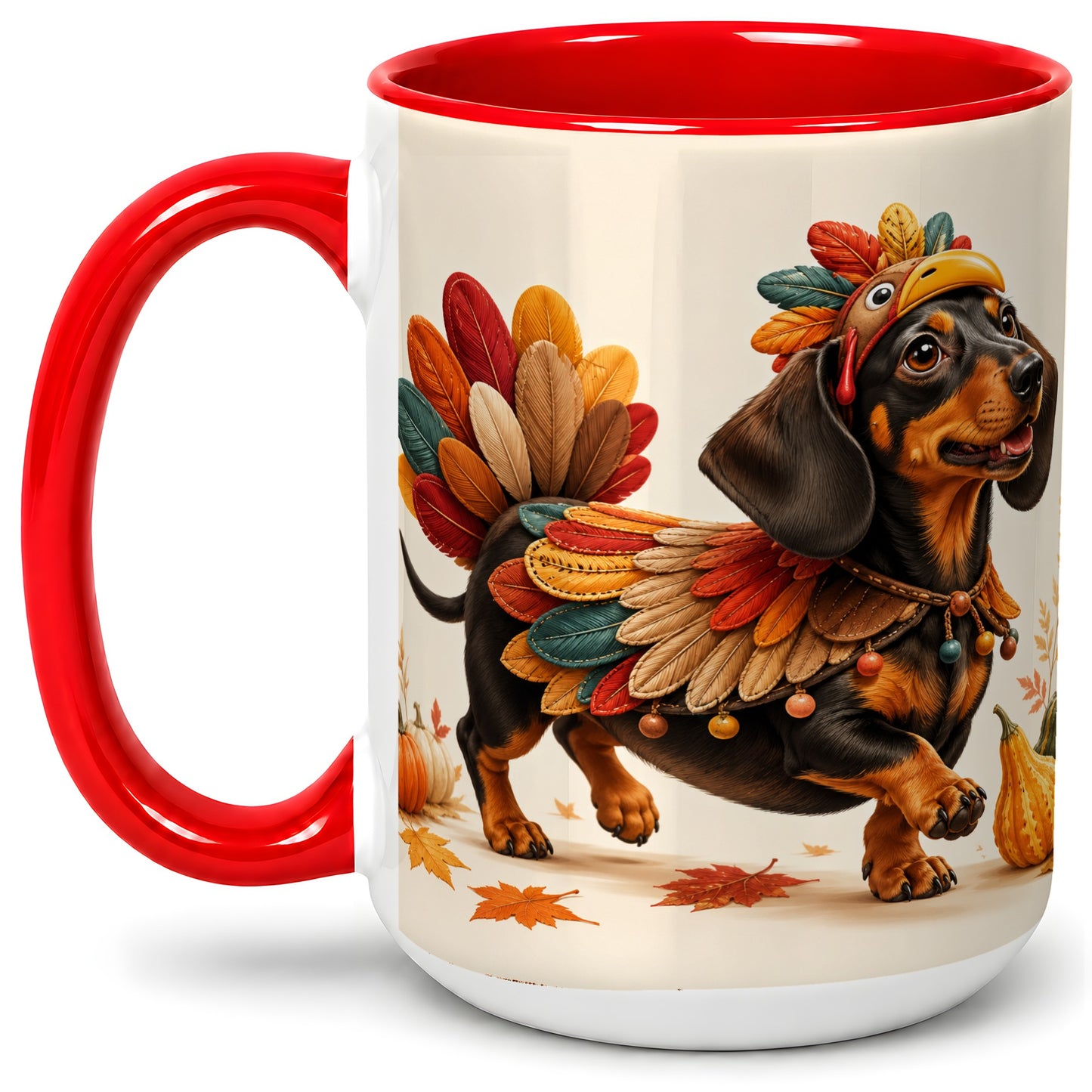 #pl[15oz|Red] Thanksgiving Dachshund Accent Mug, Mug with Turkey Costume Art