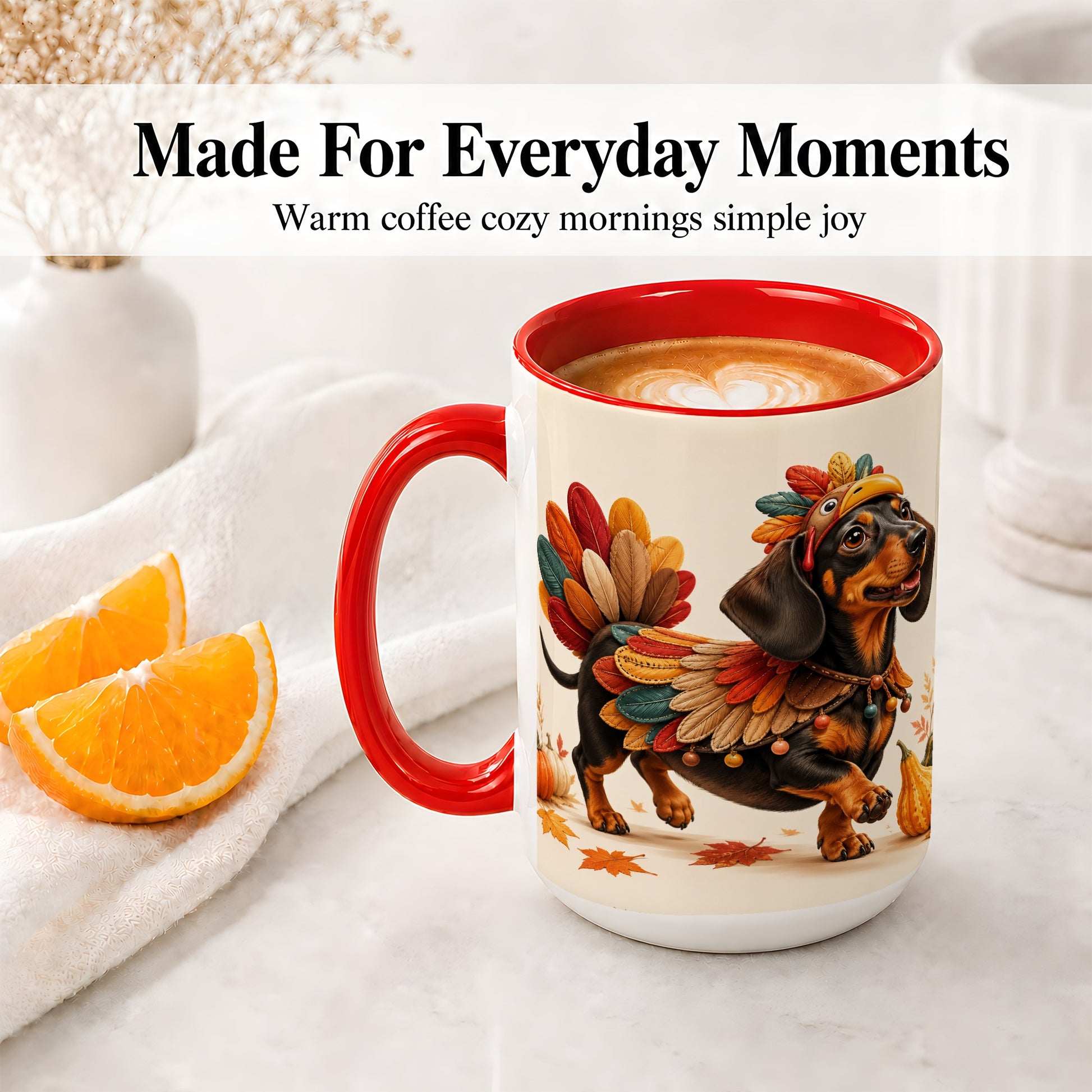 #pl[15oz|Red] Thanksgiving Dachshund Accent Mug, Mug with Turkey Costume Art