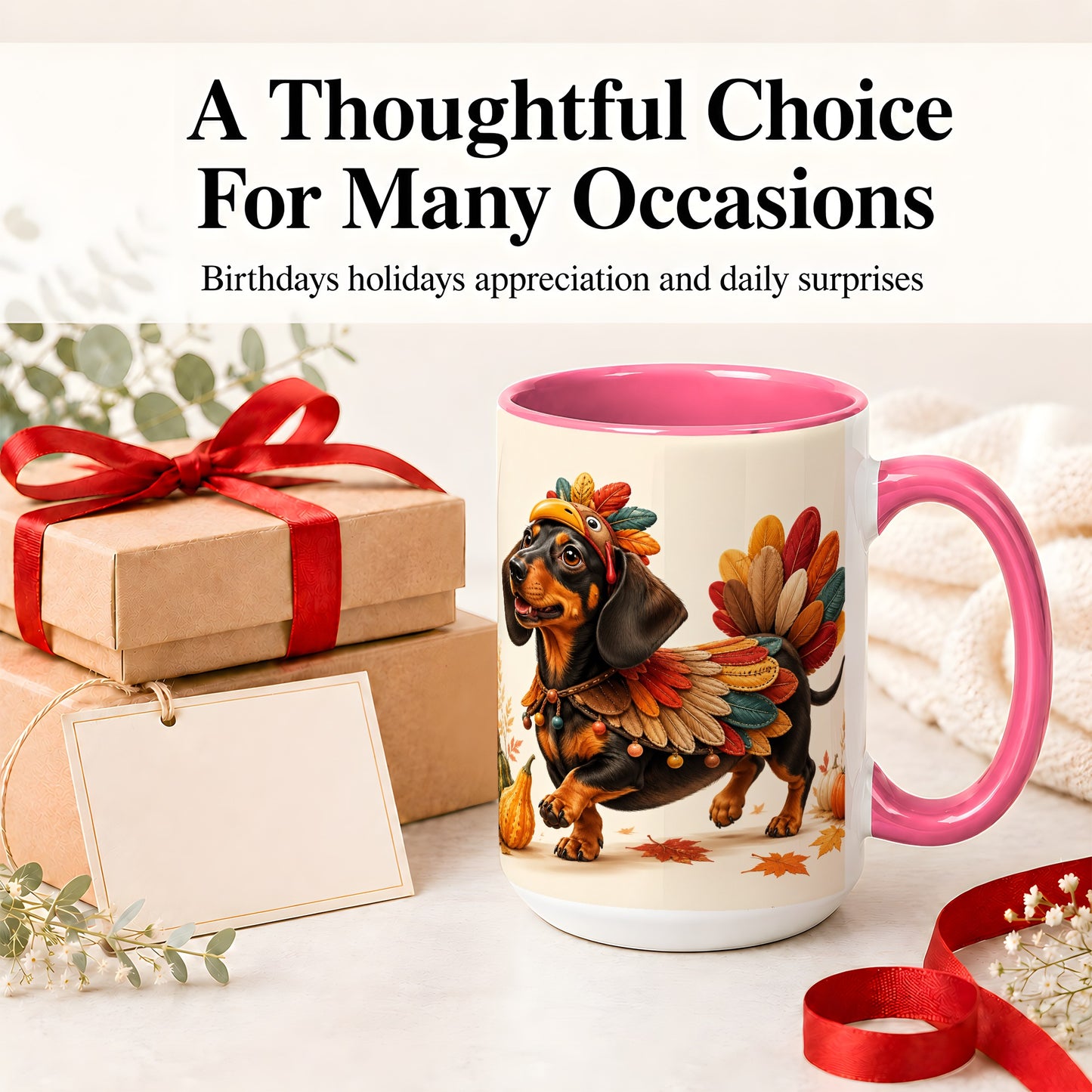 #pl[15oz|Pink] Thanksgiving Dachshund Accent Mug, Mug with Turkey Costume Art