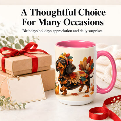 #pl[15oz|Pink] Thanksgiving Dachshund Accent Mug, Mug with Turkey Costume Art
