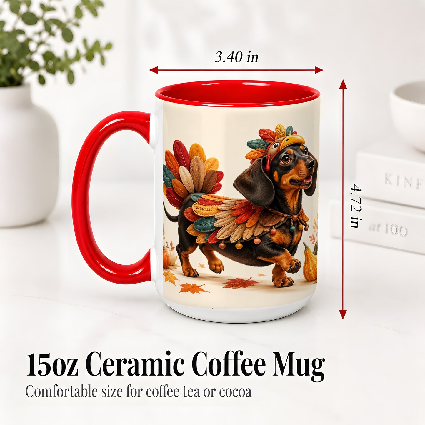 #pl[15oz|Red] Thanksgiving Dachshund Accent Mug, Mug with Turkey Costume Art