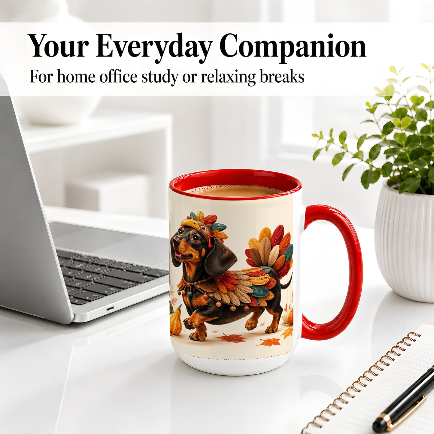 #pl[15oz|Red] Thanksgiving Dachshund Accent Mug, Mug with Turkey Costume Art