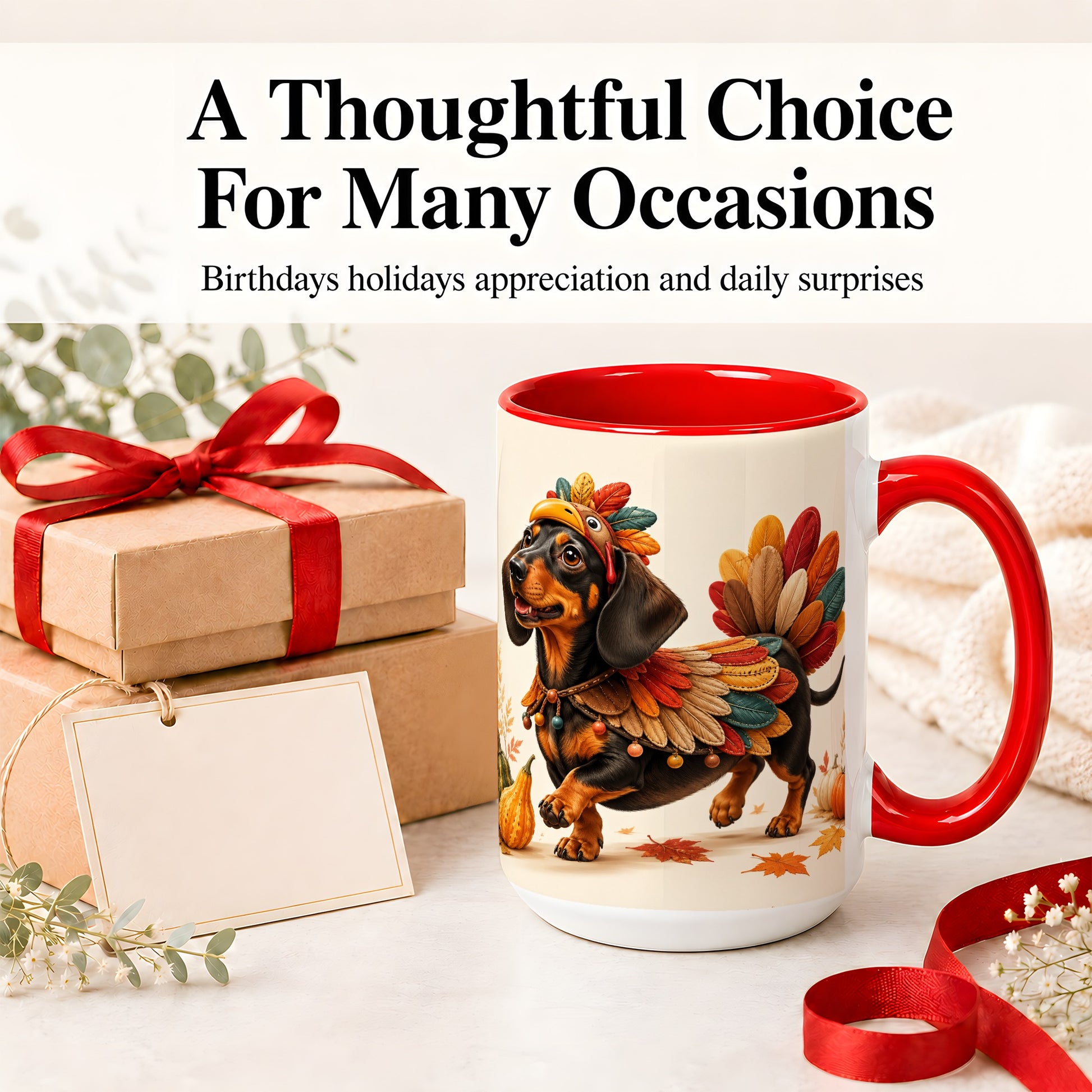 #pl[15oz|Red] Thanksgiving Dachshund Accent Mug, Mug with Turkey Costume Art