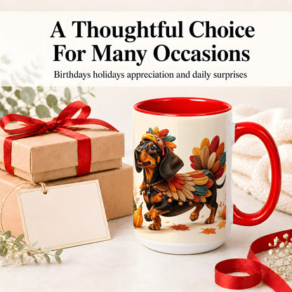 #pl[15oz|Red] Thanksgiving Dachshund Accent Mug, Mug with Turkey Costume Art
