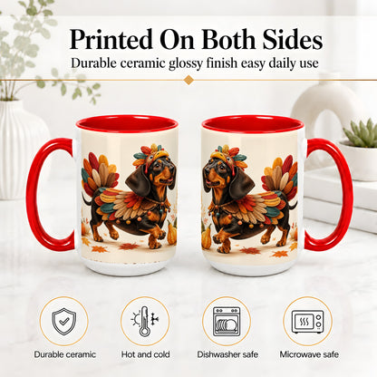#pl[15oz|Red] Thanksgiving Dachshund Accent Mug, Mug with Turkey Costume Art