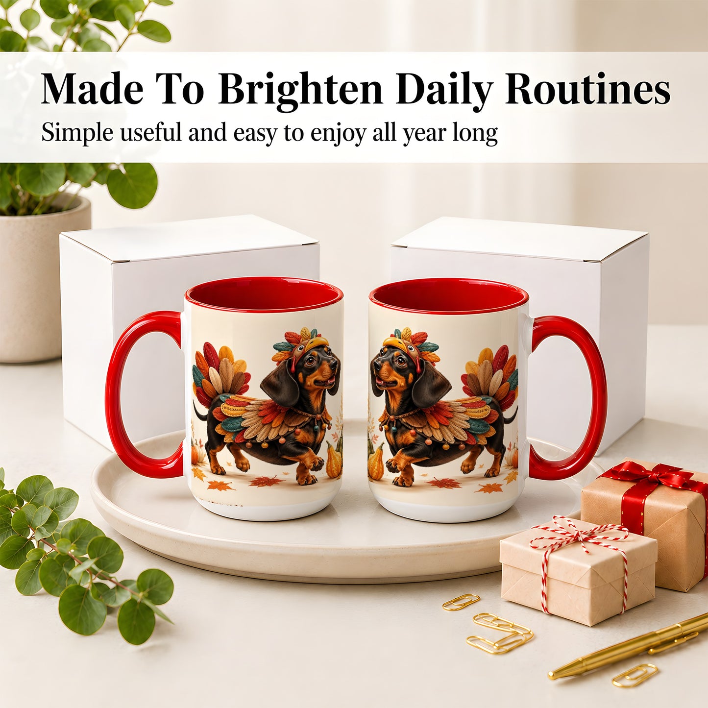 #pl[15oz|Red] Thanksgiving Dachshund Accent Mug, Mug with Turkey Costume Art