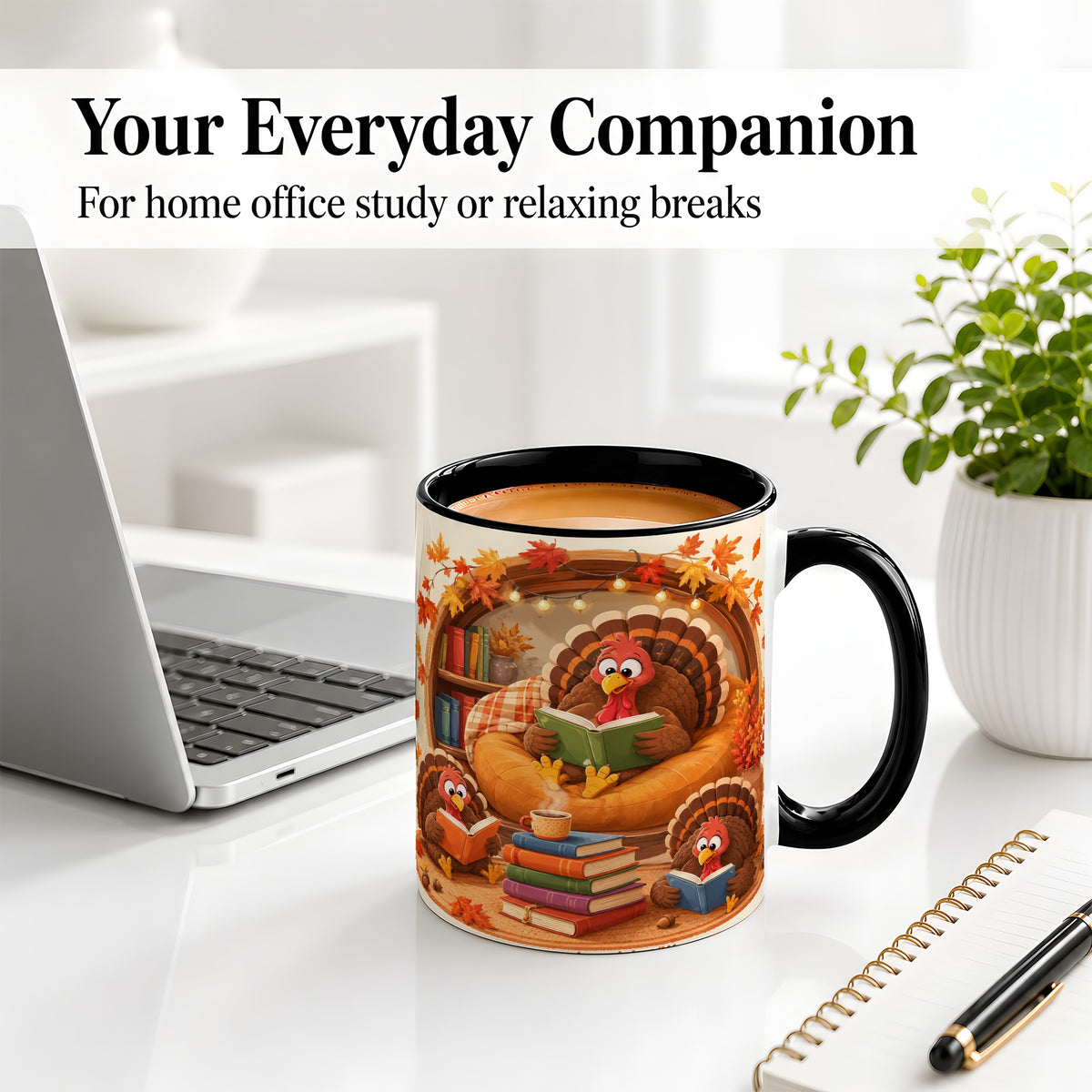 #pl[11oz|Black] Thanksgiving Reading Turkey Accent Mug, Mug with Cozy Book Artwork