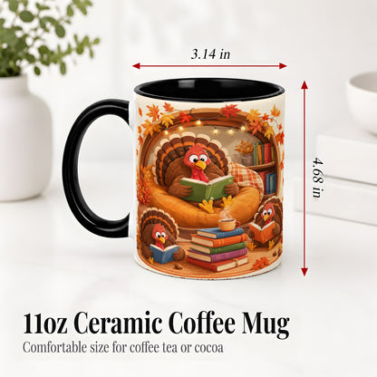 #pl[11oz|Black] Thanksgiving Reading Turkey Accent Mug, Mug with Cozy Book Artwork