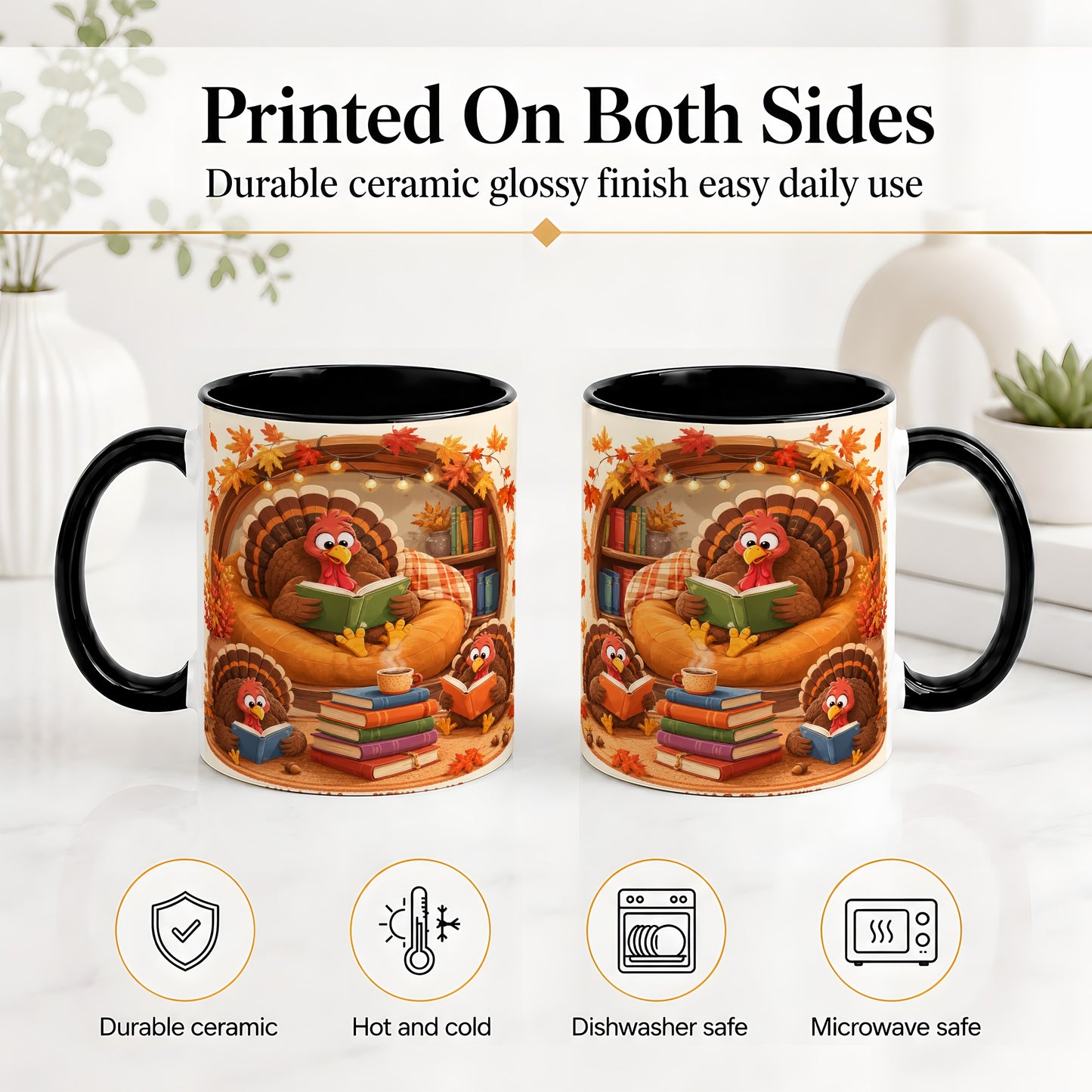 #pl[11oz|Black] Thanksgiving Reading Turkey Accent Mug, Mug with Cozy Book Artwork